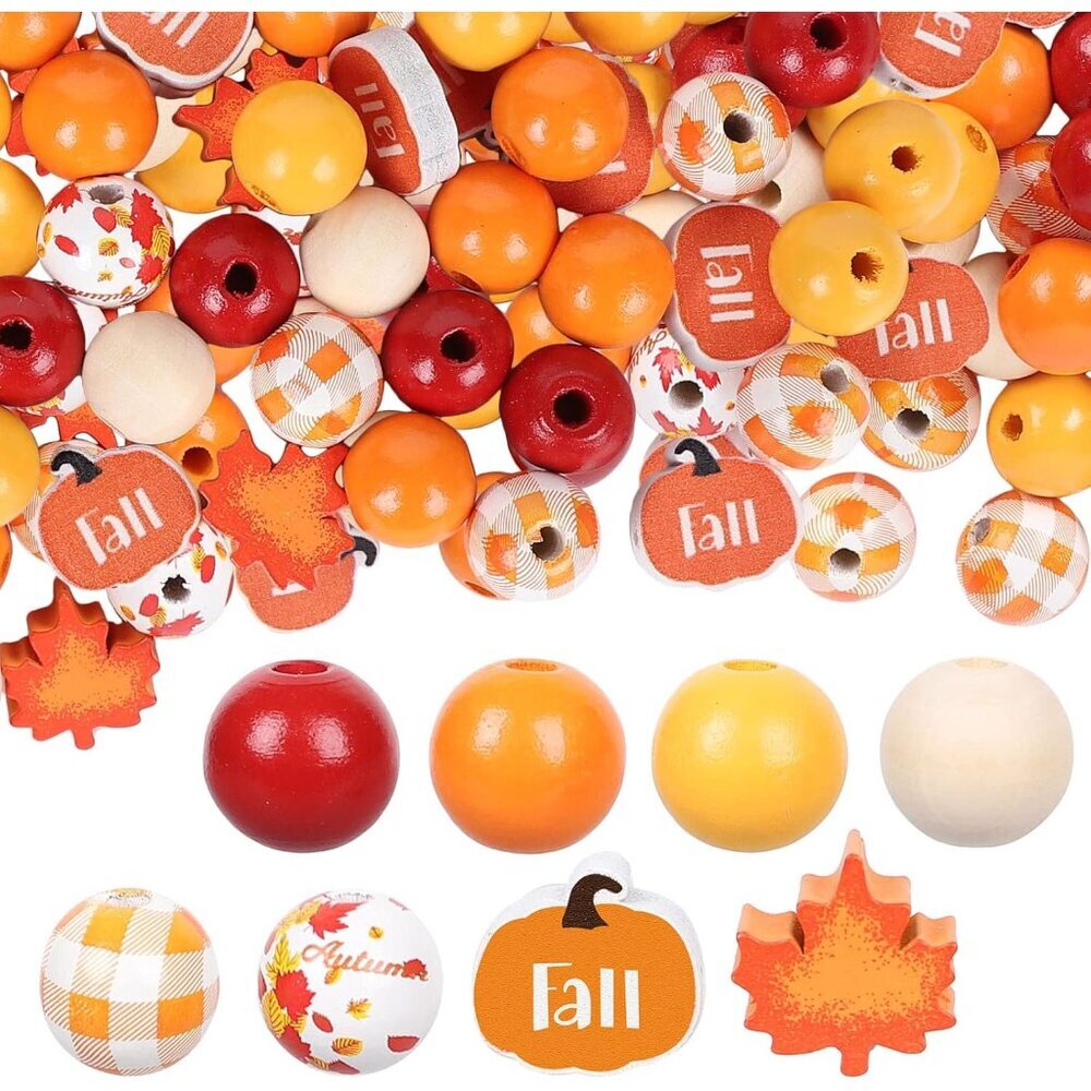 200Pcs Fall Wooden Beads Thanksgiving Rustic Farmhouse Wood Beads Autumn Maple L